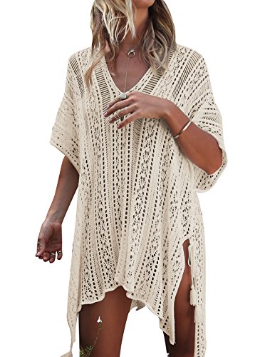 Jeasona Women’s Bathing Suit Cover Up Beach Bikini Swimsuit Swimwear Crochet Dress (Beige, XL)