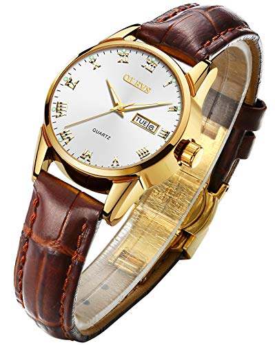 OLEVS Women's Business Dress Watch, Analog Quartz, Brown Leather Strap, White Dial, Waterproof, Luminous, Calendar, Date, 100 feet