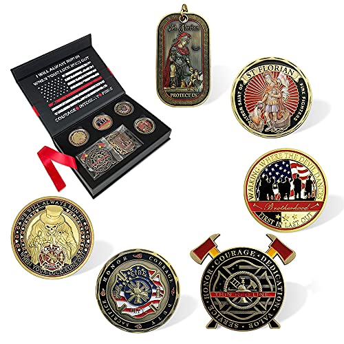 BHealthLife Firefighters Fire Department Challenge Coin Gift Box with 6 Fireman Prayer Coins Thin Red Line Commemorative