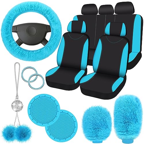 17 Pcs Car Seat Cover Full Set for Women Universal Fit Car Front Rear Seat Covers Fluffy Steering Wheel Covers Fleece Handbrake Shift Cover Hanging Accessory Holder Ring Emblem (Turquoise Black)