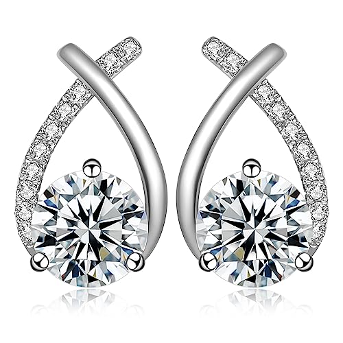 Tunzug 2-2.4 CT Moissanite Earrings D Color VVS1 Clarity Round Cut Lab Created Diamond Earrings Sterling Silver 18K White Gold Plated Earrings Minimalist Mermaid Tail Earrings