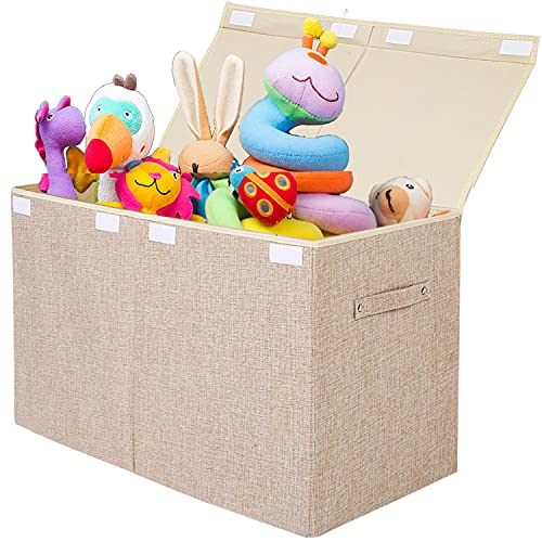 popoly Large Toy Box Chest Storage with Flip-Top Lid, Collapsible Kids Storage Boxes Container Bins for Toys, Playroom Organizers, 25'x13' x16'(Linen Beige)