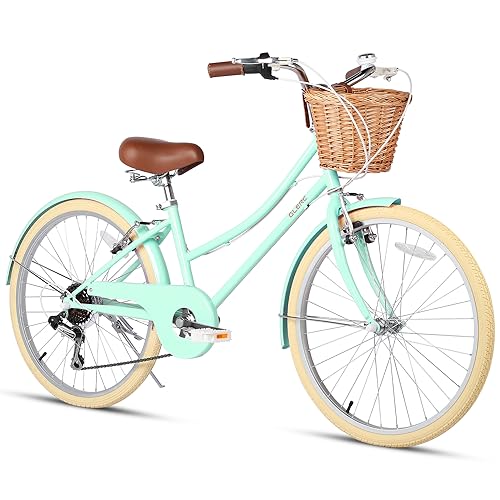 Glerc Missy 24' inch Girl Cruiser Kids Bike Shimano 6-Speed Teen Hybrid City Bicycle for Youth Ages 7 8 9 10 11 12 13 14 Years Old with Wicker Basket & Lightweight, Mint Green