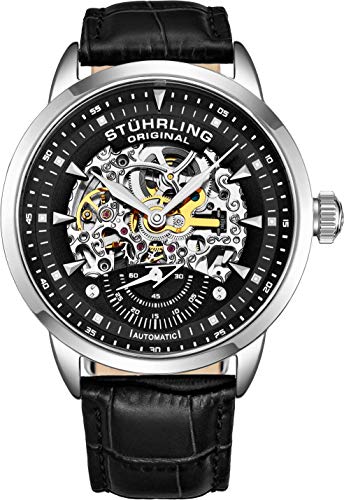 Stuhrling Original Mens Watch-Automatic Watch Skeleton Watches for Men - Black Leather Watch Strap Mechanical Watch Silver Executive (Black)