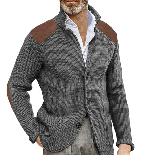 CRNTCEM Mens Cardigan Sweater Stand Collar Button Down Warm Knitted Sweaters Plus Size Elbow Patch Winter Chunky Thermal Cardigans Long Sleeve Vintage Tweed Blazer Sweater Coats Grey