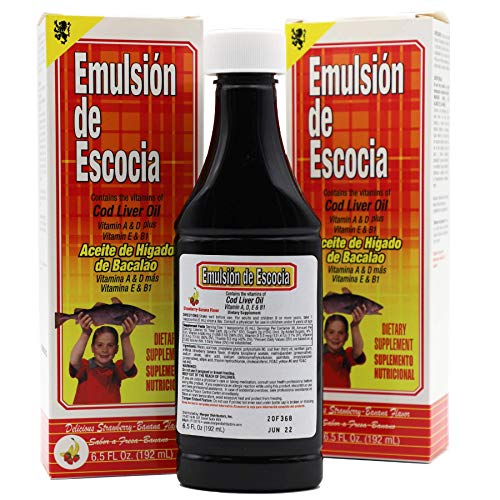 EMULSION DE ESCOCIA, Cod Liver Oil, with Vitamins A, D, E and B1, Strawberry-Banana Flavor, 2 Pack 6.5 Fl Oz, 2 Bottles.