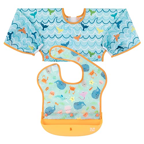 Bumkins Silicone Bibs for Girl or Boy, Baby and Toddler 6-24 Mos, Essential Must Have for Eating, Feeding, Combination Fabric SuperBib and Long Sleeve, Attachable Pocket Food Catcher, Ocean Life Blue