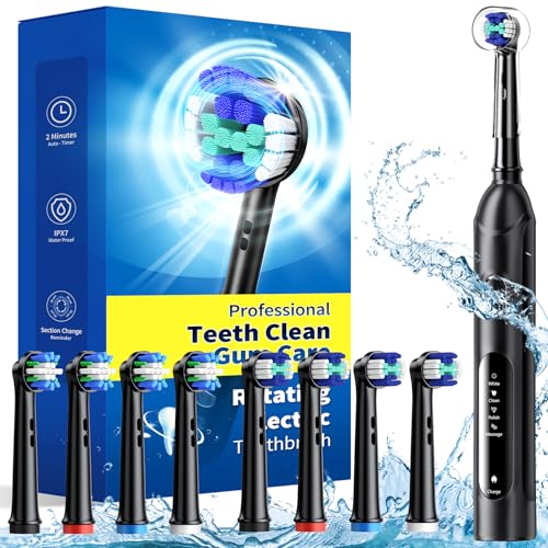 TEETHEORY Rotating Electric Toothbrush for Adults with 8 Brush Heads (2 Types), 4 Modes Deep Clean Electric Toothbrush with Rechargeable Power and 2 Min Smart Timer (1- Black, 1 Pack)