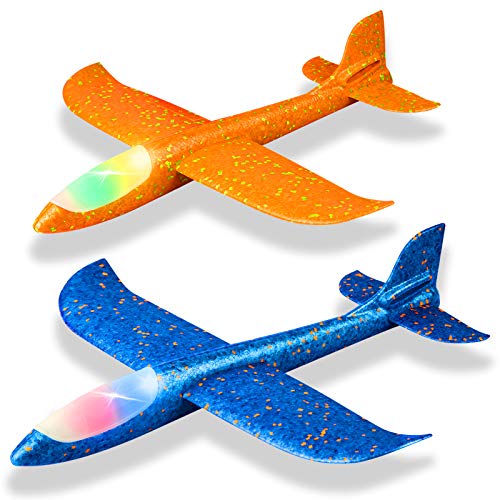 2 Pack LED Light Airplane,17.5' Large Throwing 2 Flight Mode Glider Plane,Flying Toy for Kids,Gifts for 3 4 5 6 7 8 9 Years Old Boy,Outdoor Sport Toys Birthday Party Favors Foam Airplane