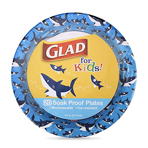 Glad for Kids 8 1/2-Inch Paper Plates | Small Round Paper Plates with Cute Sharks Design for Kids | Heavy Duty Disposable Soak Proof Microwavable Paper Plates for All Occasions, 20 Count
