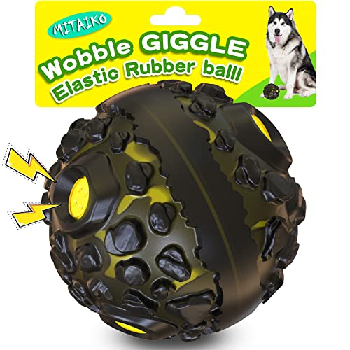 MITAIKO Dog Toy Ball for Aggressive Chewers, Interactive Fetch Dog Ball with Fun Squeaky Wobble Giggle Sound, Durable for Small Medium Large Dogs, Non-Toxic Rubber Pet Chew Toys, Black & Yellow