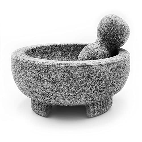 Umien Granite Mortar and Pestle Set Guacamole Bowl Molcajete 8 Inch - Natural Stone Grinder for Spices, Seasonings, Pastes, Pestos and Guacamole - Extra Bonus Avocado Tool Included…