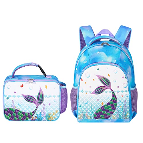 WAWSAM PVC Mermaid Kids Backpack Set - Glitter School Backpack with Lunch Bag for Girls Toddler Preschool Kindergarten Elementary 15” Travel 3D Blue Book Bag Insulated Lunch Tote Bag