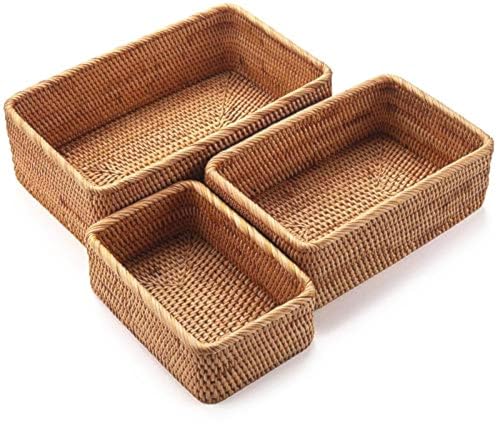 YANGQIHOME Natural Rattan Storage Baskets, Rectangular Woven Fruit Baskets, Wicker Decoration and Organizer for Bathroom, Living Room (Set of 3)