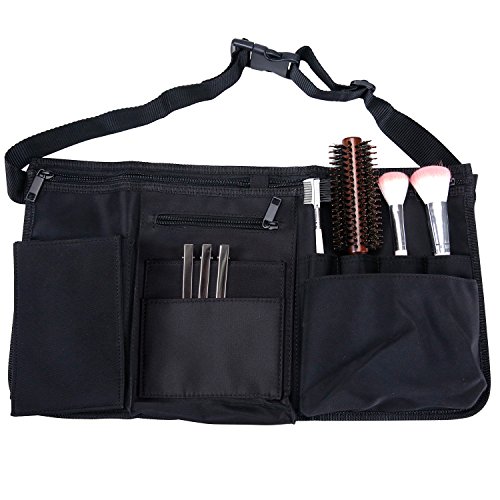 MyGift Professional Black Salon Apron, Makeup Artist Cosmetic Canvas Waist Apron, Multiple Pocket Brush Bag Organizer