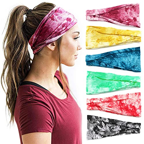 YONUF Boho Headbands For Women Fashion Wide Headband Yoga Workout Head Bands Hair Accessories Elastic Tie Dye Band 6 Pack