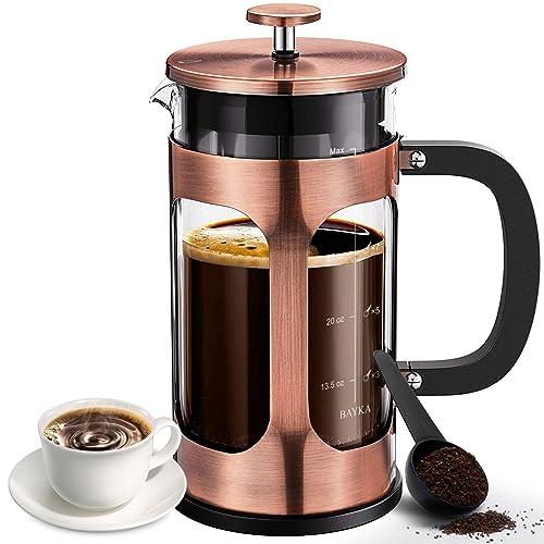 BAYKA 34 Ounce 1 Liter French Press Coffee Maker, Glass Copper Stainless Steel Coffee Press, Cold Brew Heat Resistant Thickened Borosilicate Coffee Pot, Gifts for Camping Dad Mom Fathers Day