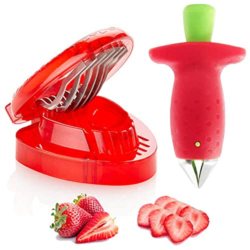 Strawberry Huller Fruit Slicer Set, Berry Stem Leaves Huller Gem Remover Removal Fruit Peeling Tool Kitchen Gadgets Corer Easy for Remove Strawberry Tomatoes and Stem Tool (2PCS)