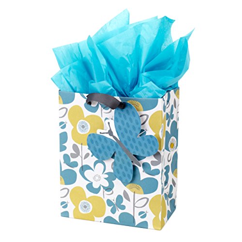 Hallmark 9' Medium Gift Bag with Tissue Paper (Flowers and Butterflies; Turquoise and Yellow) for Birthdays, Mothers Day, Bridal Showers, Baby Showers and More