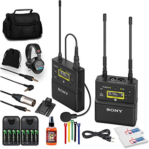 Sony UWP-D21 Camera-Mount Wireless Omni Lavalier Microphone System (UC25: 536 to 608 MHz) with Headphones, 8 Rechargeable Batteries, 3.5 mm Aux Cable, Case, Sanitizer Spray, and More