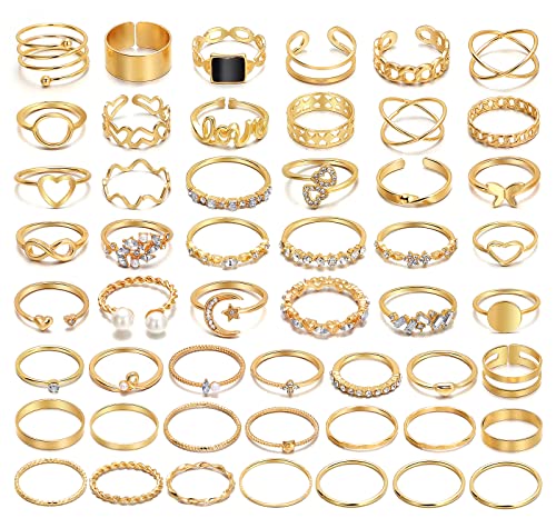 IFKM 51 Pcs Gold Knuckle Rings Set For Women Girls Vintage Stackable Joint Finger Midi Rings Dainty Cubic Zirconia Crystal Simple Twist Hollow Cute Rings Pack Jewelry Gift
