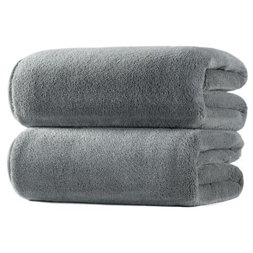 POLYTE Plush Microfiber Oversize Quick Dry Lint Free Bath Towel, 60 x 30 in, Pack of 2 (Gray, Coral Fleece)