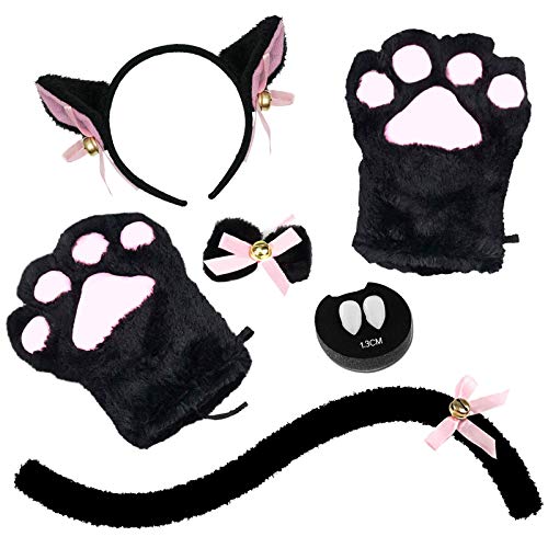 Abida Cat Cosplay Costume - 5 Pcs Cat Ear and Tail Set with Collar Paws Gloves and Vampire Teeth Fangs for Lolita Gothic Halloween-Black