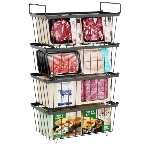 iSPECLE Freezer Organizer Bins - 4 Pack Stackable Chest Freezer Organizer for 5 and 7 Cu.FT Deep Freezer Sort Frozen Meats, Deep Freezer Organizer Bins with Handle Add Space Easy Reach, Black