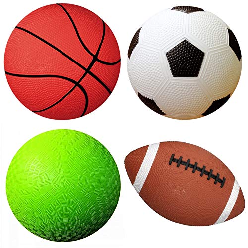 AppleRound Pack of 4 Sports Balls with 1 Pump for Toddlers and Kids: 1 Each of 5-Inch Soccer Ball, 5-Inch Basketball, 5-Inch Playground Ball, and 6.5-Inch Football