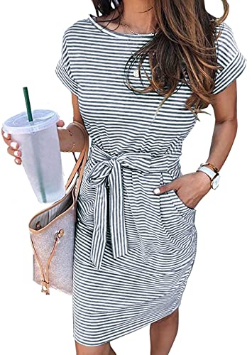 MEROKEETY Women's Summer Striped Short Sleeve T Shirt Dress Casual Tie Waist with Pockets Dusty Blue