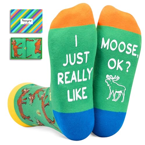 HAPPYPOP Funny Moose Gifts for Men Women Moose Gifts for Moose Lovers, Novelty Moose Socks Crazy Silly Fun Socks