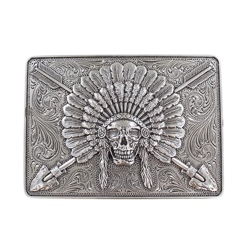 ARIAT Silver Rectangle Buckle with Indian Chief Skull, Headdress, and Crossing Arrows Motif, Western Scroll Engraving, 3-1/2' x 2-1/2'