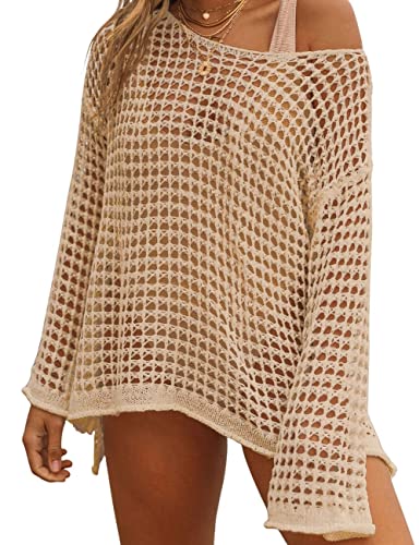 Bsubseach Crochet Cover Up for Women Swimsuit Coverup Swimwear Hollow Out Knit Tops Summer Outfits Apricot