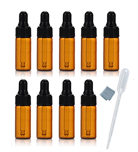 Simple-e 10pcs 5ml 1/6oz Amber Mini Glass Bottle Amber Sample Vial Small Essential Oil Bottle with Glass Eye Dropper + 1pc Glass Clean Cloth + 1pc 3ml dropper (10)