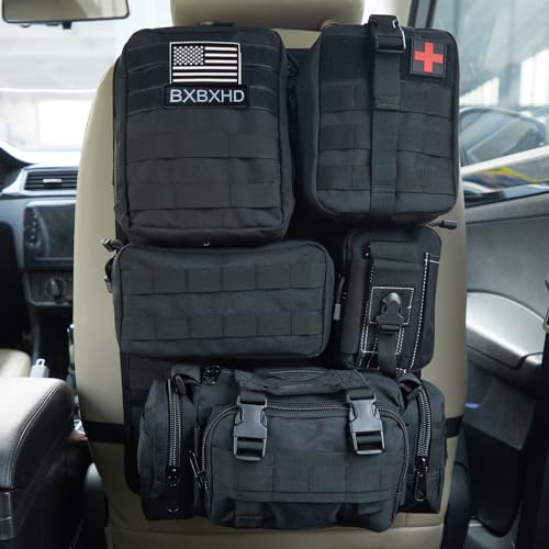 BXBXHD Universal Tactical Car Seat Back Organizer Bag Tactical Molle Vehicle Organizers Panel Vehicle Protector Organizers with 5 Detachable Pouches for Car Truck Ford Jeep Vehicle (Black)