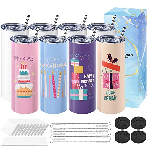 Hiipoo 8 Pack Sublimation Tumblers bulk 20 oz Straight Skinny with Sublimation Papers, Lids and Straws, Shrink Wrap, Sublimation Tumbler Cups for Tumbler Heat Press and Heat Transfer
