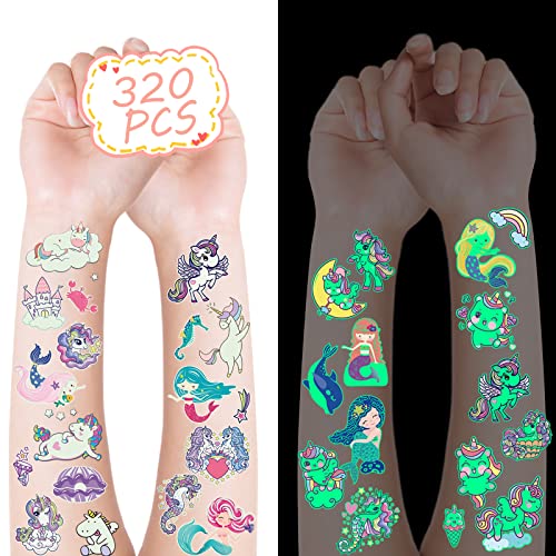 Metker Unicorn,Mermaid(320PCS) Kids Luminous Waterproof Temporary Tattoos,Fake Tattoo Sticker Party Supplies for Children,Glow Party Supplies Gifts Goody Bag Stuffers Party Bag Fillers
