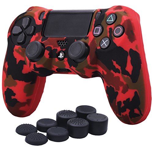 YoRHa Water Transfer Printing Camouflage Silicone Cover Skin Case for Sony PS4/slim/Pro Dualshock 4 Controller x 1(red) with Pro Thumb Grips x 8