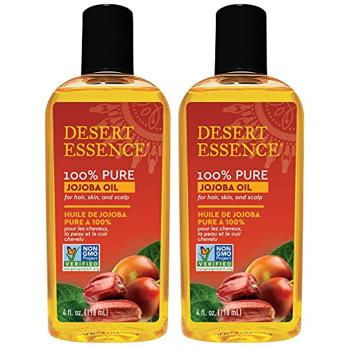 Desert Essence 100% Pure Jojoba Oil - 4 Fl Oz - Pack of 2 - Haircare & Skincare Essential Oil - All Skin Types - No Oily Residue - May Help Prevent Flakiness - Makeup Remover - Aftershave Moisturizer