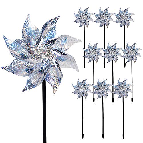 Hausse 10 Pack Reflective Pinwheels with Stakes, Extra Sparkly Pinwheel for Garden Decor, Bird Devices Deterrent to Scare Birds Away from Yard Patio Farm