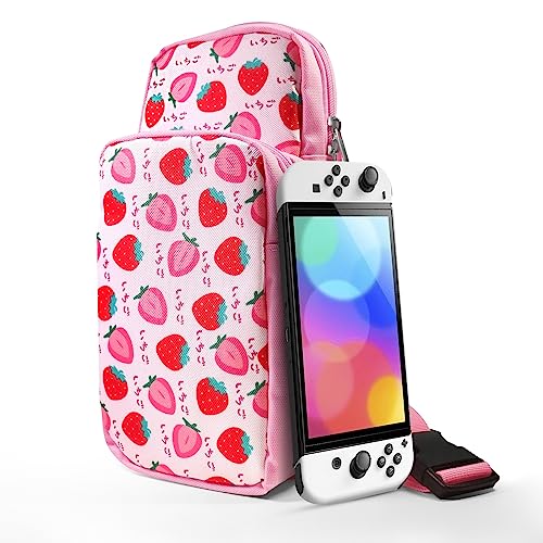 THRCIFLO Cute Pink Strawberry Travel Carrying Bag for Nintendo Switch/OLED/Lite Shoulder Bag Storage Backpack for Switch Accessories, Portable Crossbody Sling Case for Girls