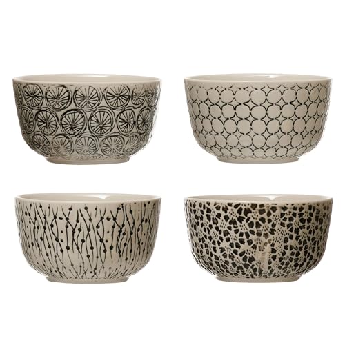 Creative Co-Op Hand-Stamped Stoneware Bowl with Embossed Pattern, Black & Cream Color, 4 Styles Dinnerware, Multi