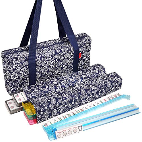 Linda Li New! - American Mahjong Set 166 Premium White Tiles, 4 All-in-One Rack/Pushers, Blue Paisley Soft Bag – Classic Full Size Complete Mahjongg Set