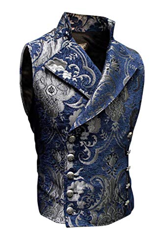 Shrine Men's Victorian Gothic Formal Cavalier Vest Silver Blue Tapestry (XL)