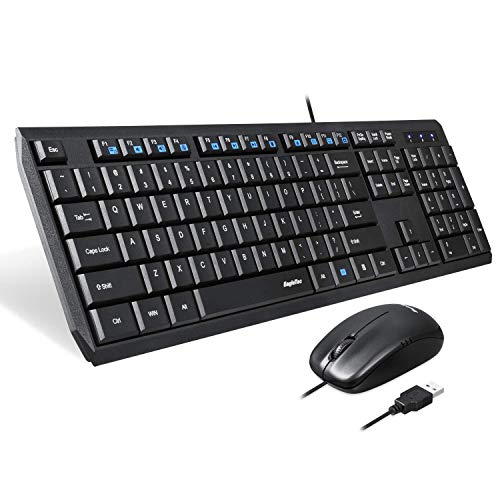 Eagletec KM120 Wired Keyboard and Mouse Combo Slim, Flat & Quiet, Ergonomic Full Size 104 Keys Keyboard & Small Portable Mouse for Windows PC (Black Wired Keyboard & Mouse Set)