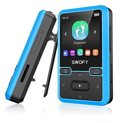 Clip MP3 Player with Bluetooth 5.0 Portable Wearable MP3 &MP4 Player with Pedometer, FM Radio Recorder, MP3 Player for Kids, Music Player Support up to 128GB (Blue)
