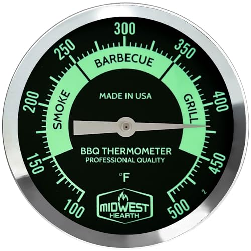 Midwest Hearth BBQ Smoker Thermometer for Barbecue Grill, Pit, Barrel 3' Dial (Black/Glow Dial, 4' Stem Length)