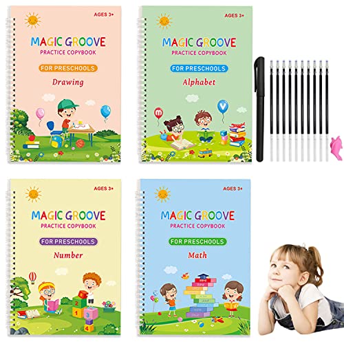 4 Pc Large Reusable Handwriting Practice Book for Kids,Magic Practice Copybook with Auto Disappear Ink Pen,3D Grooved Handwriting Book Practice，Calligraphy Copybook for Preschoolers(10.3x7.3 Inches)