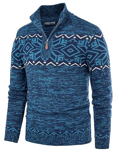 PJ PAUL JONES Men's Sweater Quarter Zip Polo Sweater Fair Isle Ugly Christmas Sweater Knit Blue