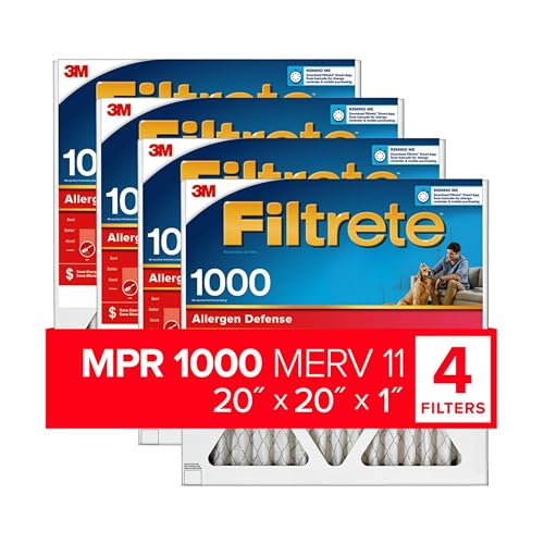 Filtrete 20x20x1 Air Filter, MPR 1000, MERV 11, Micro Allergen Defense 3-Month Pleated 1-Inch Air Filters, 4 Filters